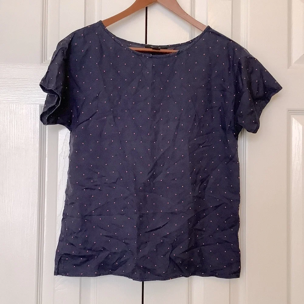 J. Crew Navy Pink Polka Dot Silk Shirt Sleeve Top XS